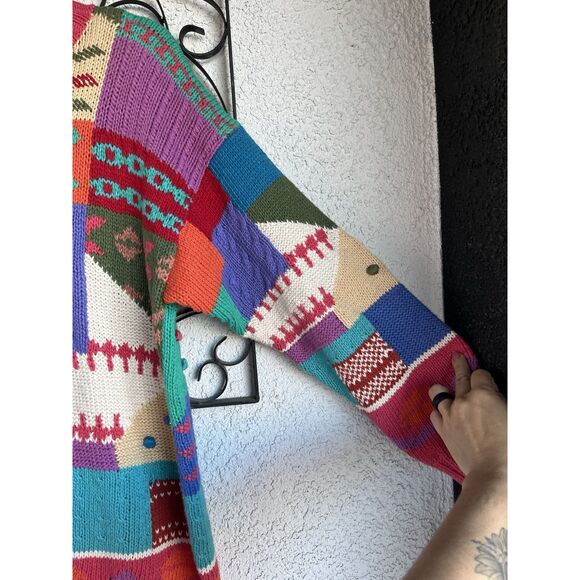90’s IVY Hand Knit Patchwork Color Block  Sweater- Size Medium - Multicolored - Picture 6 of 9